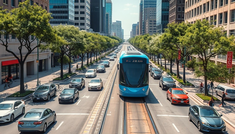 Futuristic Austin light rail project rendering with diverse traffic
