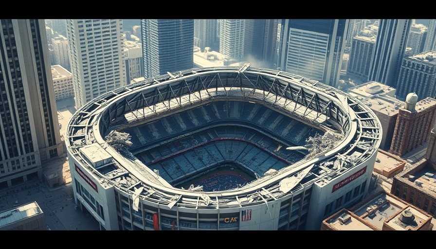 Extensive damage to stadium roof in urban area, daytime view