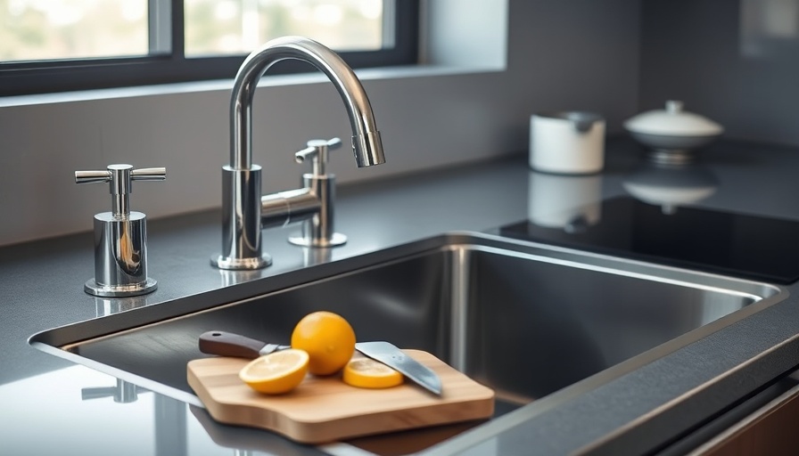 Sleek modern kitchen sink setup showcasing 2025 trends, dual faucets and cutting board.