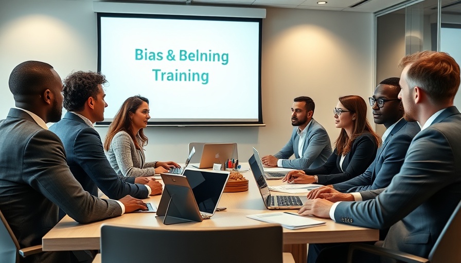 Diverse group in bias training at office, home improvement industry focus.