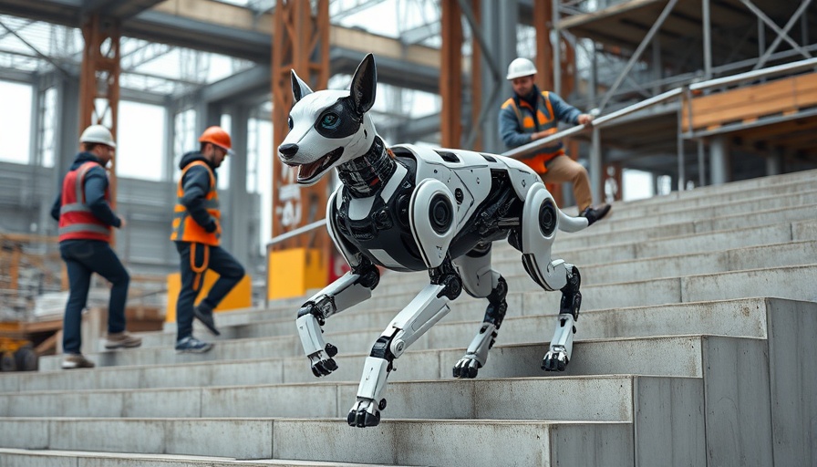 Robotic dog on stairs at home remodeling site with workers nearby.
