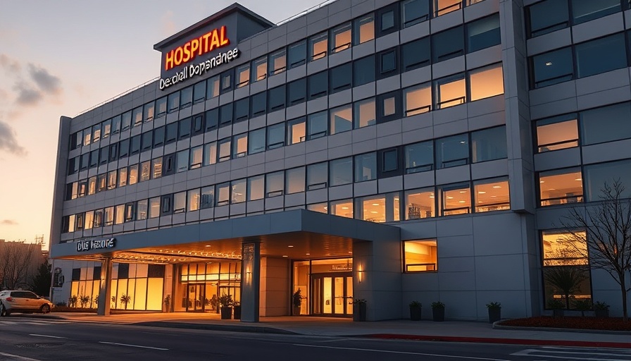 Modern hospital exterior at dusk with warm lighting, showcasing the building's structure.