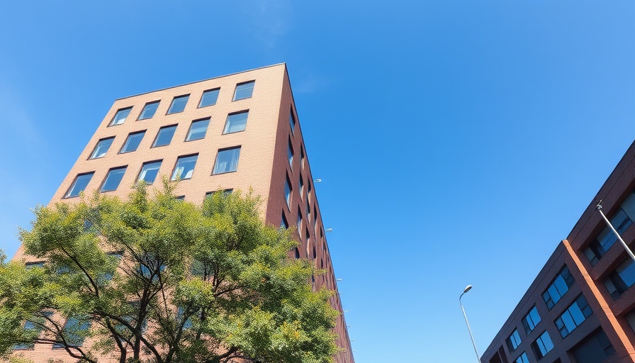 Modern office building exterior, bright sky.