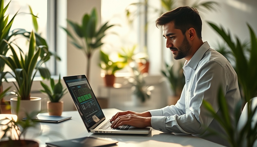 Person using construction software in a bright, plant-filled office.