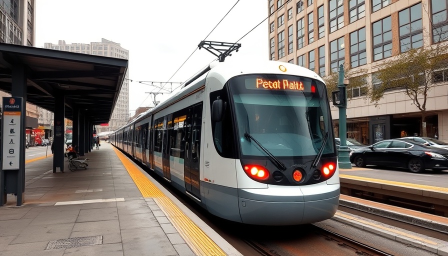 LA light rail project train at station under cloudy sky.