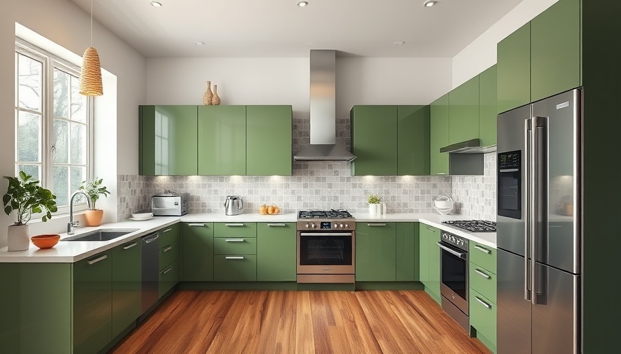 Modern kitchen remodel with green cabinetry and stainless appliances.