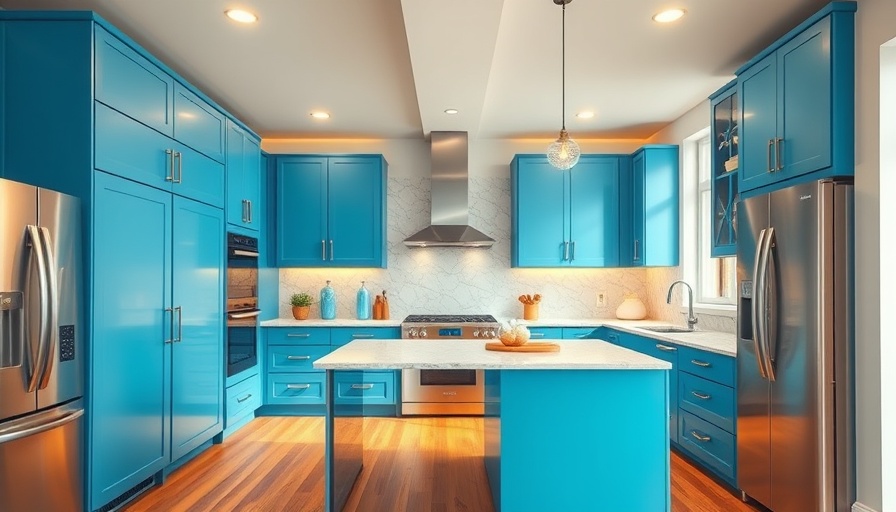 Modern kitchen remodeling with blue cabinets and marble countertops.