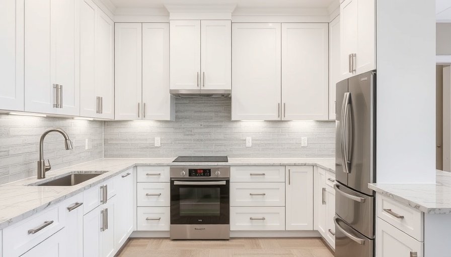 Modern kitchen with cabinet refacing featuring white cabinets.