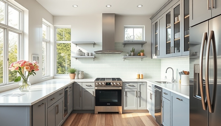 Modern kitchen remodeling with gray cabinets, stainless steel appliances.