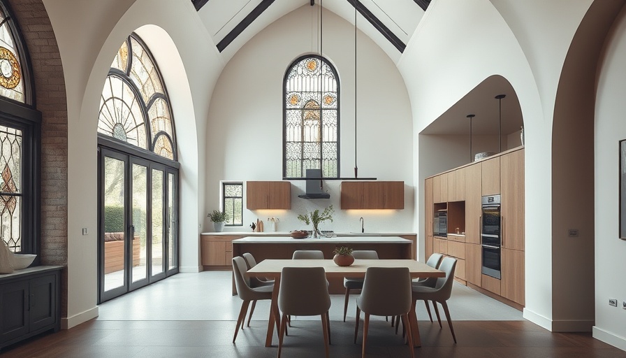 Modern kitchen in church conversion with arches and stained glass for kitchen remodeling.