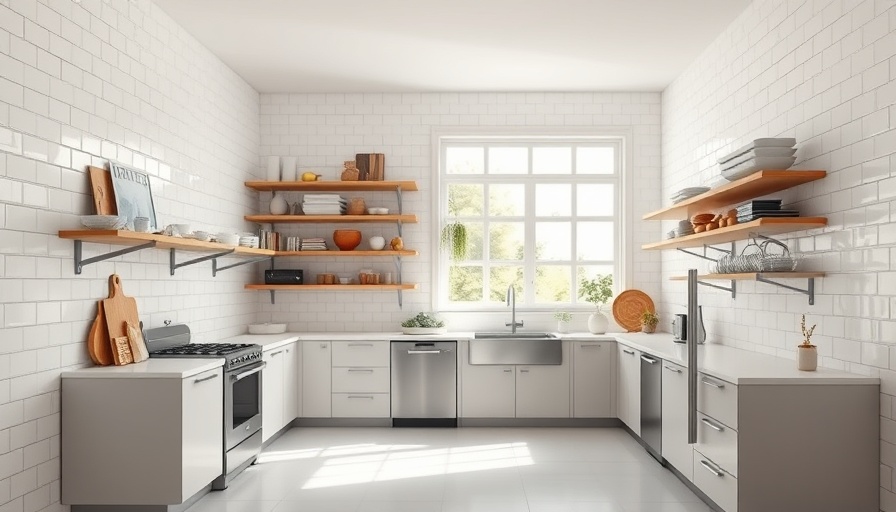 Modern kitchen with open shelving and appliances, well-lit space.