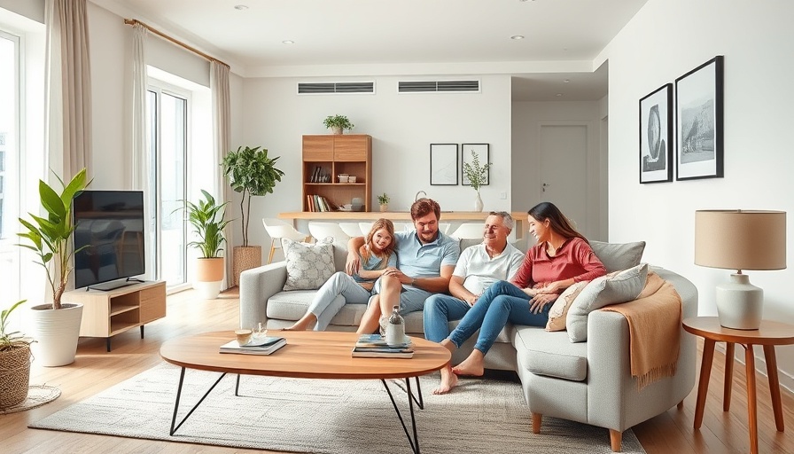Cozy modern living room with family relaxing on sofa