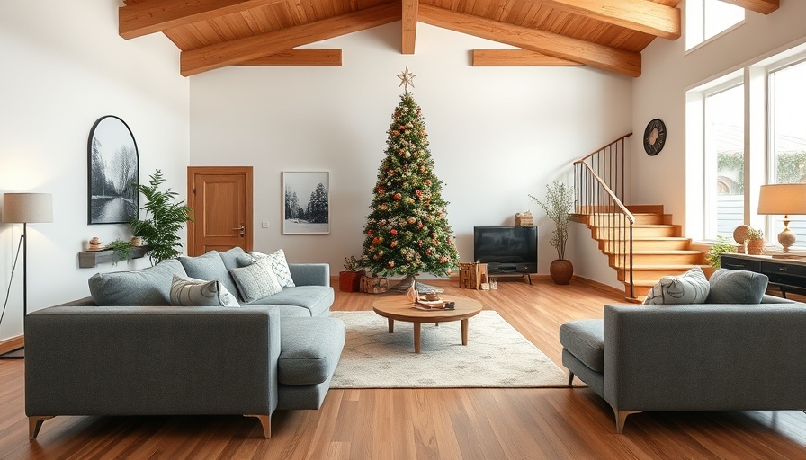 Modern minimalist living room design showcasing grey sofa and Christmas tree, Interior Designer Cost 2025.