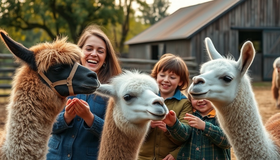Family enjoying time with llamas on a farm, a thoughtful gift idea for Mother's Day.