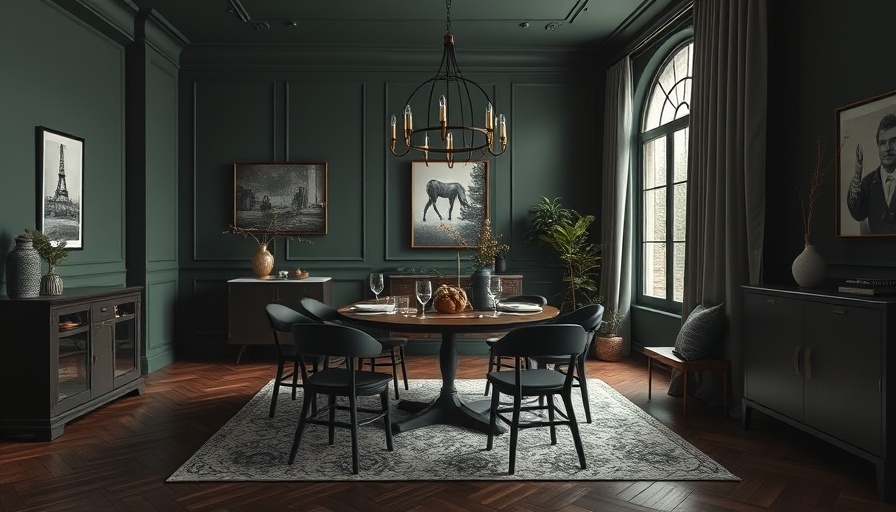 Elegant moody dark green dining room with stylish decor and furniture.