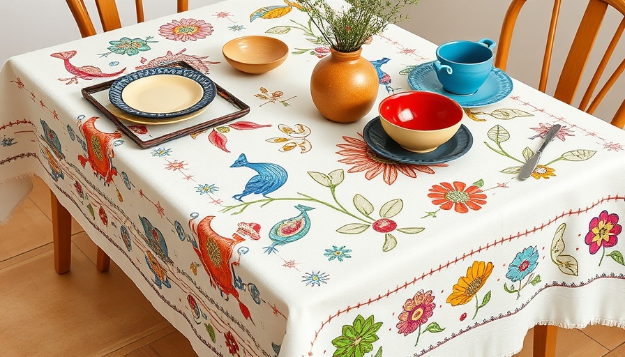 Artistic embroidered tablecloth with colorful dishes.