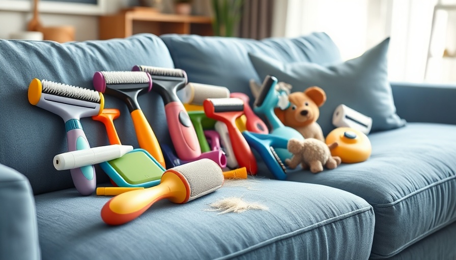Various pet hair removal gadgets on a blue sofa.