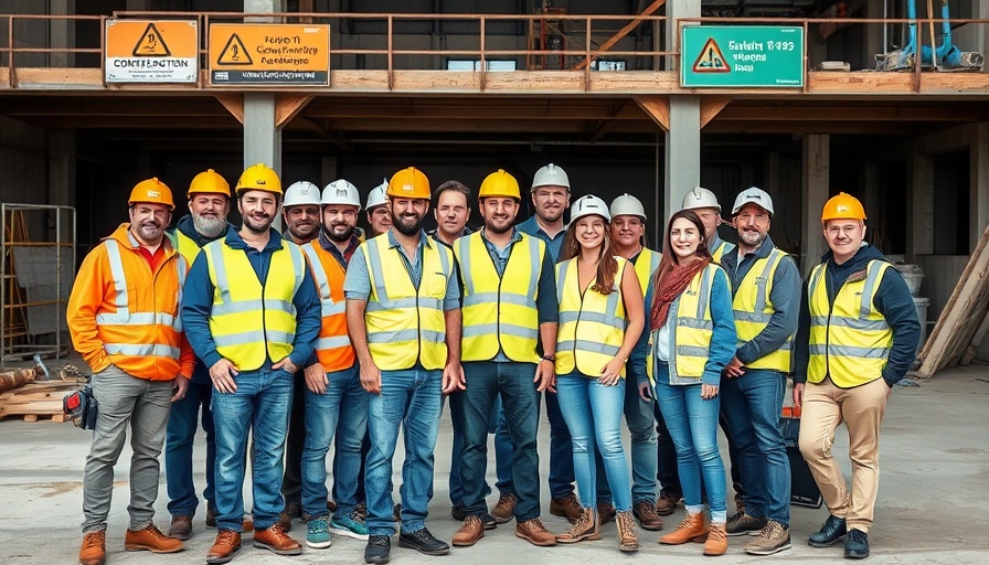 Construction workers celebrating Safety Week 2025 at a building site.