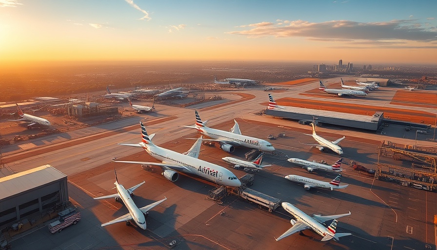 Dallas Fort Worth airport expansion aerial view with planes at sunset.