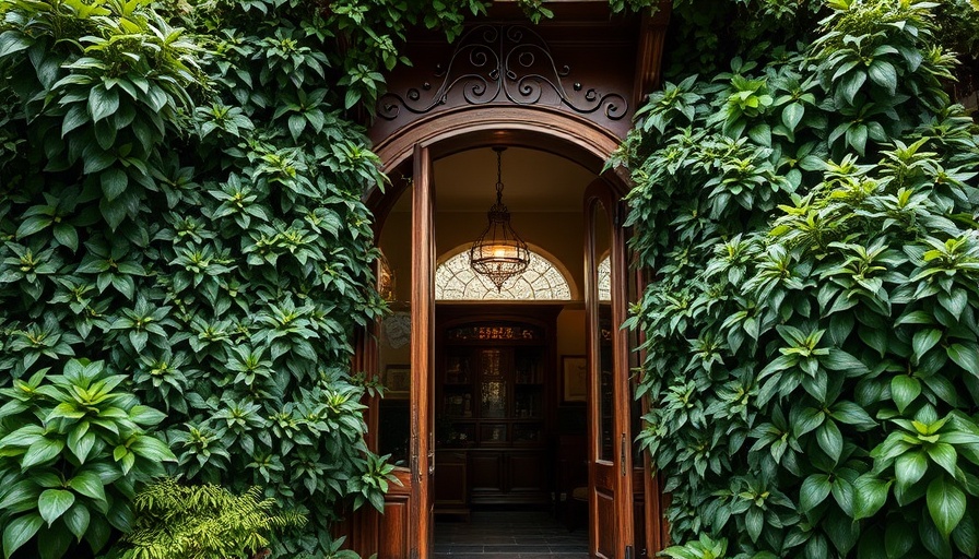 Elegant doorway with greenery, ornate ironwork, cozy interior.