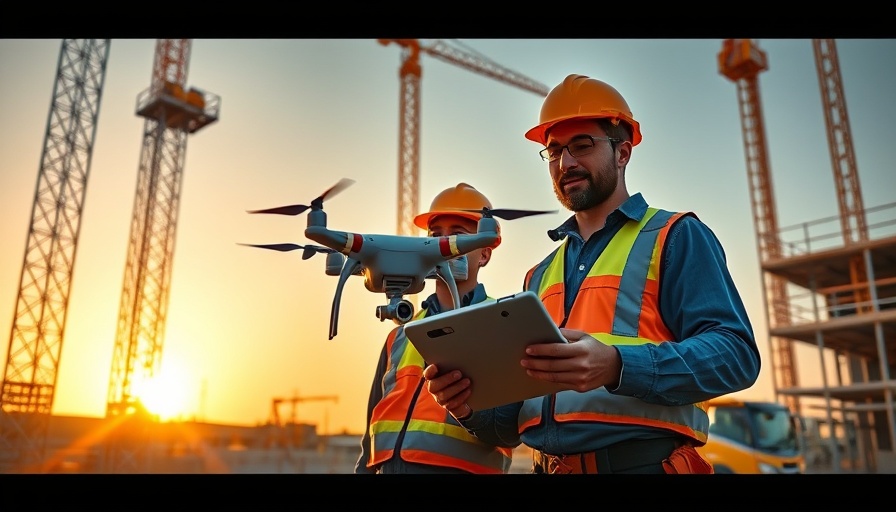 Construction workers using technology on site, sunset background.