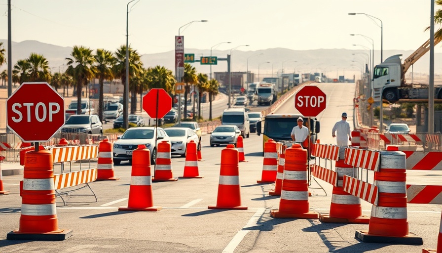 Live traffic in construction safety zone with cones and stop signs.