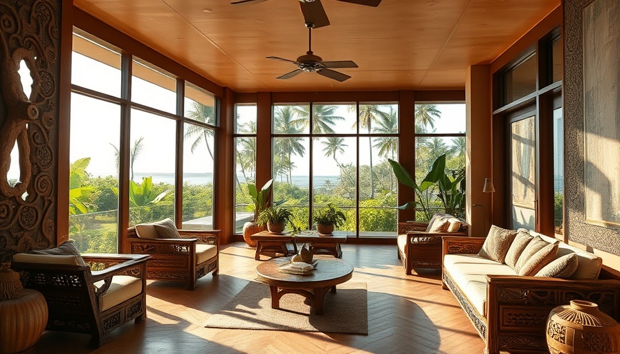 Hawaiian Modernism in a serene interior with wooden furniture.