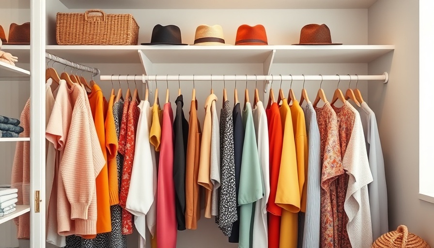 Organized wardrobe with colorful clothing and hats, promoting decluttering for self-discovery.