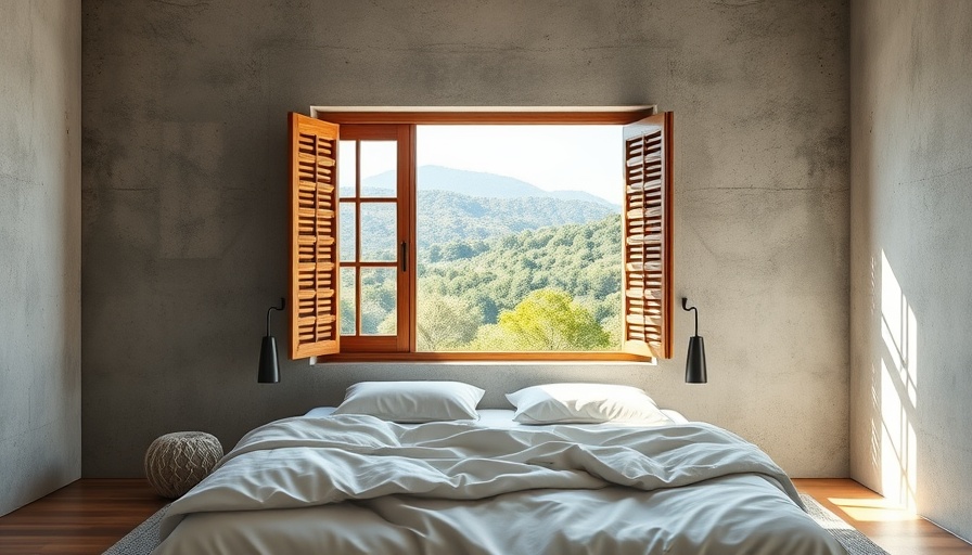 Minimalist bedroom with concrete walls and open window view.
