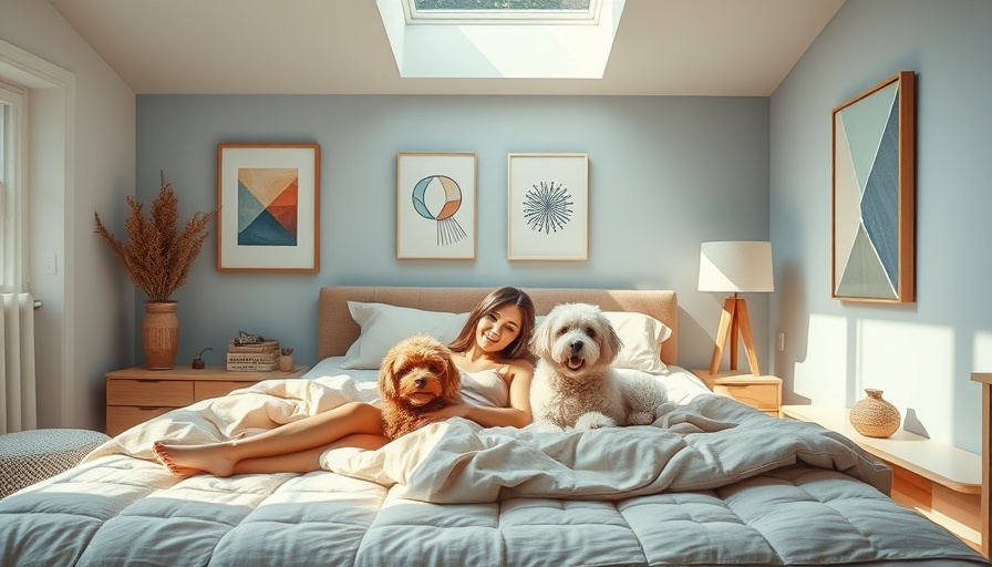 Cozy modern bedroom with woman and dogs, Father's Day gift ideas.