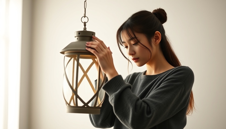 Young woman adjusting a decorative lantern for lighting upgrades.