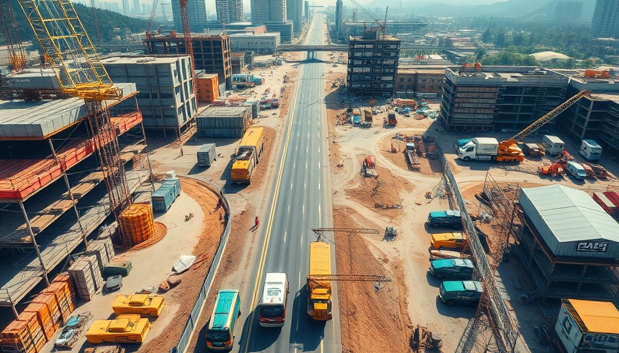 Aerial view of construction site with machinery and materials under clear daylight.