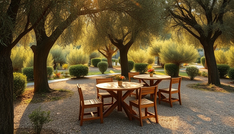 Creating Outdoor Rooms: Serene garden dining space with wooden tables and trees.