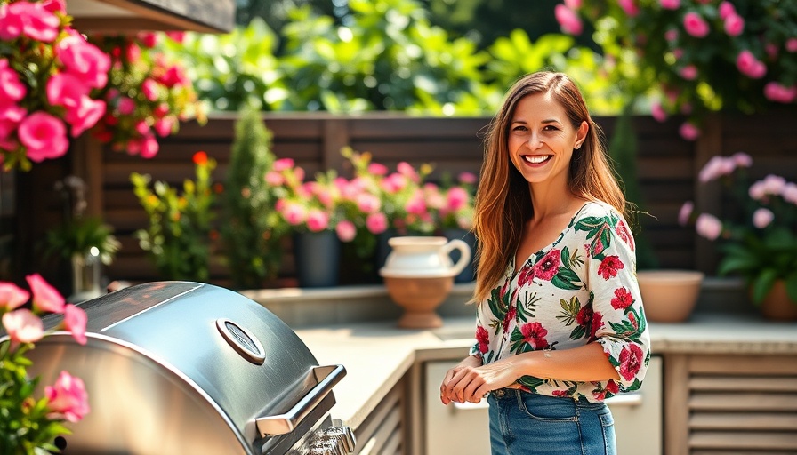 Smiling woman with outdoor kitchen appliances, lush garden setting.