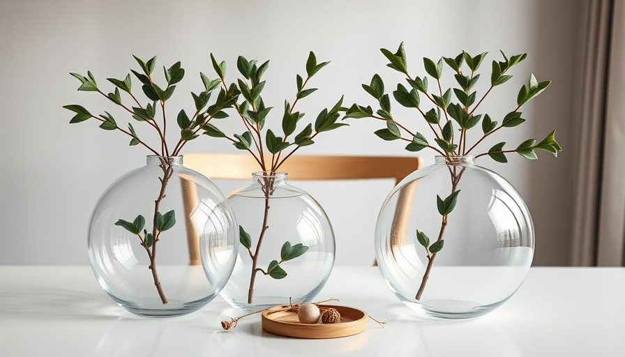 Sculptural glass vases with oak branches on a white table