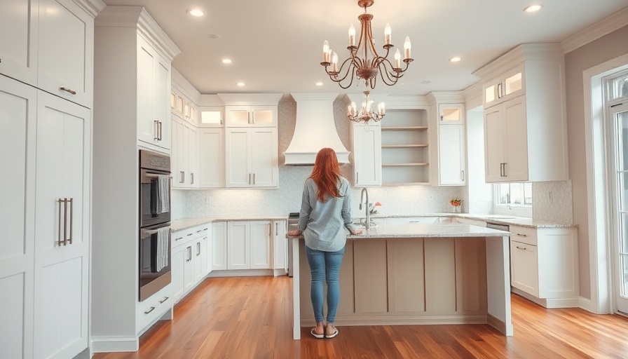 Woman observing kitchen remodeling journey with modern design elements.