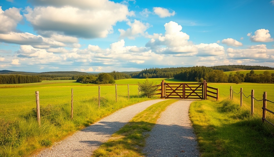 Rural landscape with gravel road and wooden gate in Arkansas.