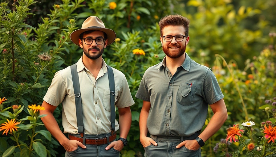 Two men in chic gardening attire in a lush garden path.