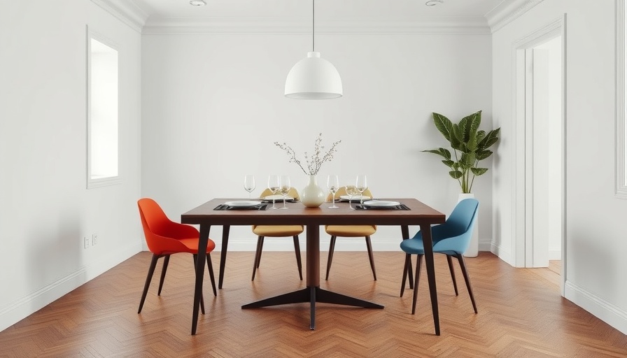 Color blocked dining table with minimalist decor in bright room.