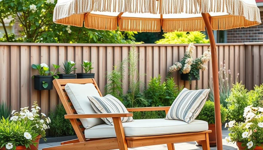 Stylish outdoor furniture setup with umbrella and lounge chair.