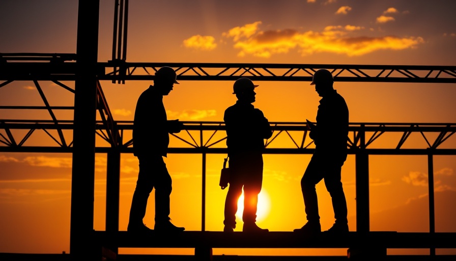 Silhouetted construction workers discussing safety under a vibrant sunset.