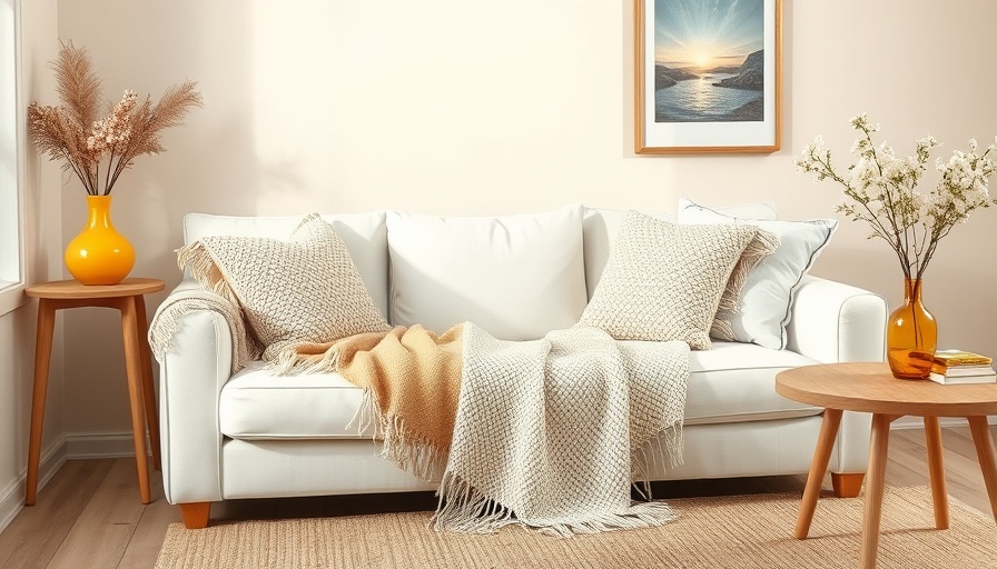 Modern living room with a white sofa and warm decor