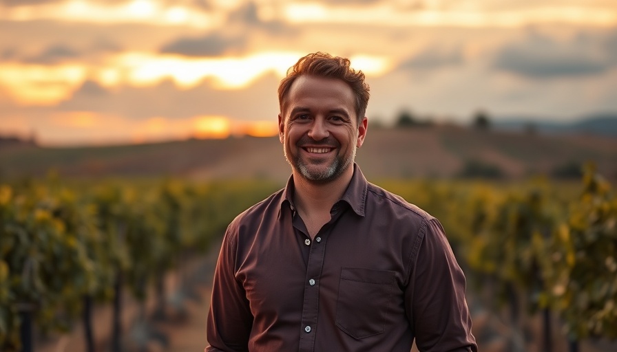 Man smiling in a vineyard at sunset, showcasing urban gardening tips.