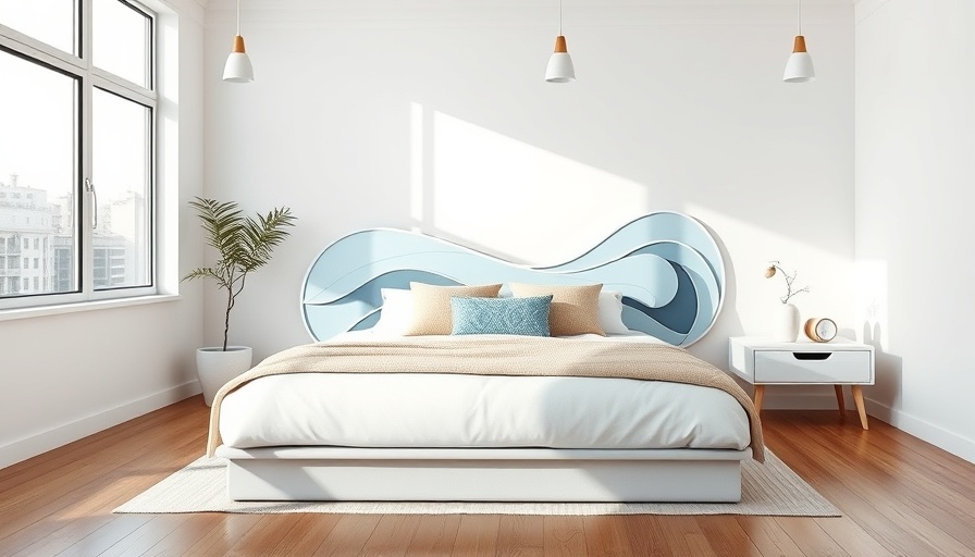Modern bedroom with custom blue wave headboard, stylish decor.