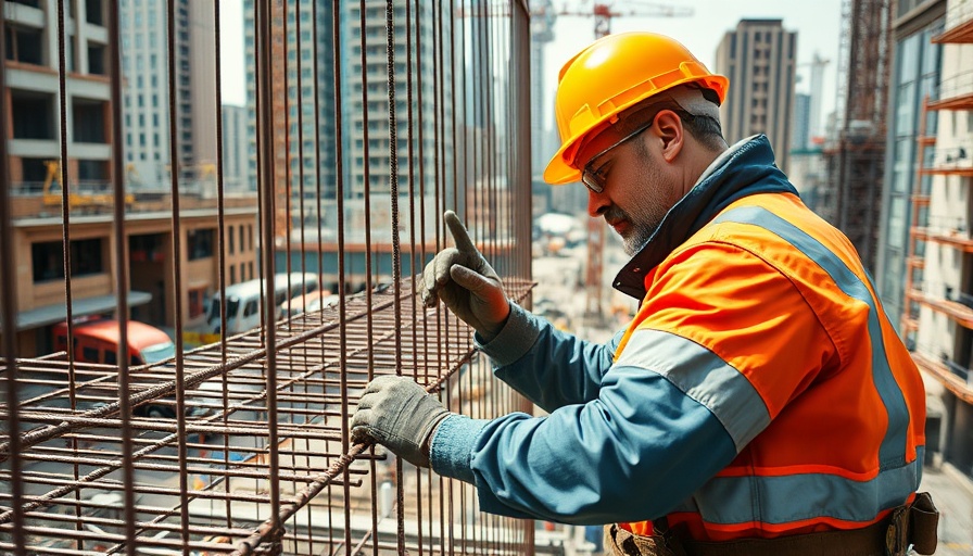 Construction worker scaling rebar on FHWA project site.