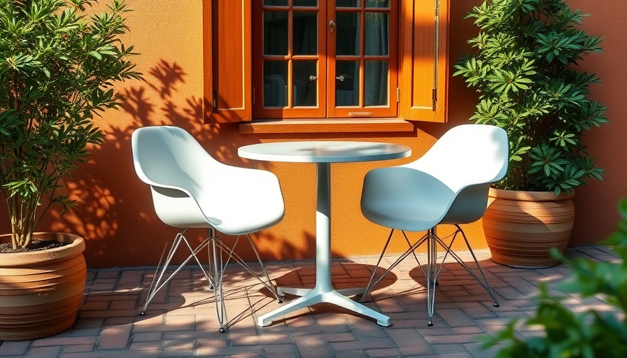 Charming al fresco dining setup with white chairs on brick patio.