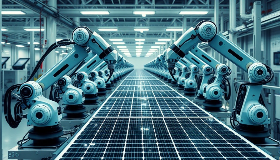 Robotic arms assembling solar panels in high-tech factory.