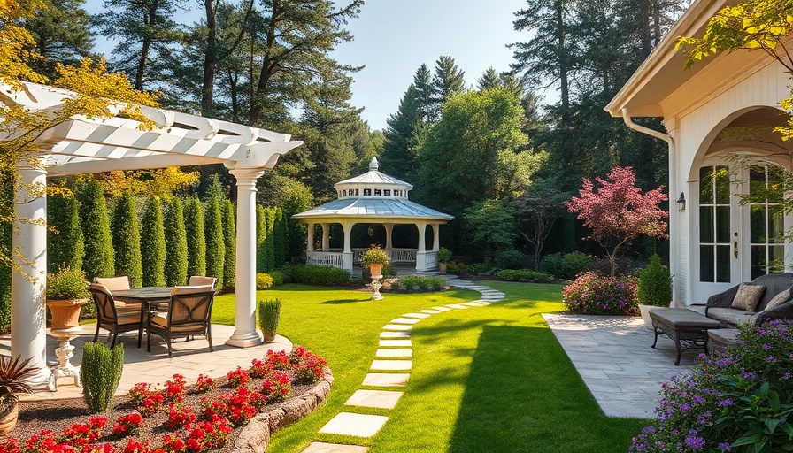 Luxurious garden setting with gazebo and poolside patio in a landscaped backyard.