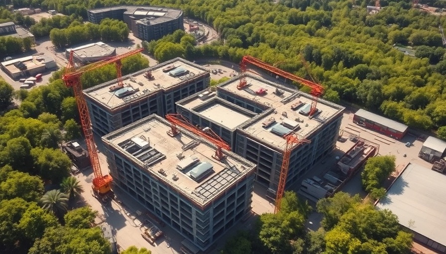 Aerial view of commercial construction site with buildings and crane.