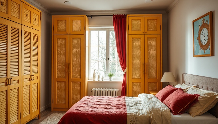 Cozy bedroom with butter yellow closets and red curtains.